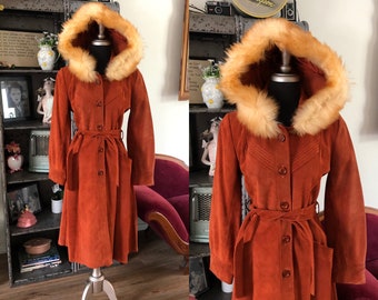 Vintage 1970's Burnt Orange Suede Leather Coat with Shearling Hood XS