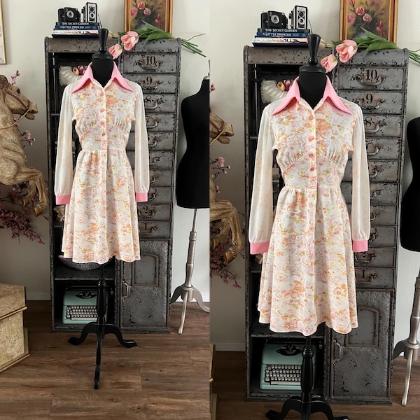 Vintage 1970's Pink and White Floral Mini Dress Medium