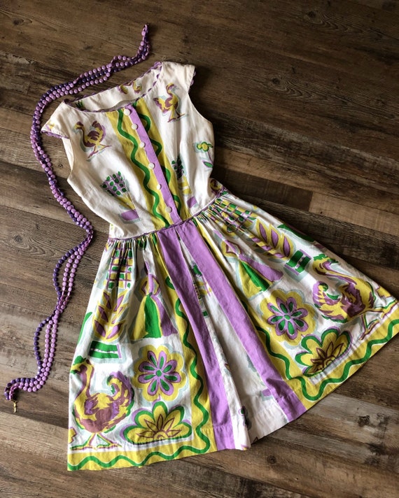 Vintage 1950's 60's Green and Purple Novelty Print