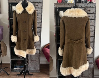 Vintage 1960's Dee Dee Deb Olive Green Wool Coat with Faux Fur Trim Small