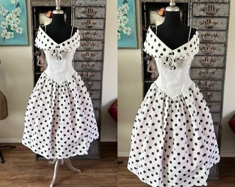 1990's White and Black Polka Dot Dress Large