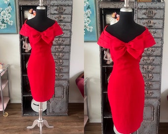 Vintage 1980's A.J. Bari Red Fitted Dress with Bow Accent Large