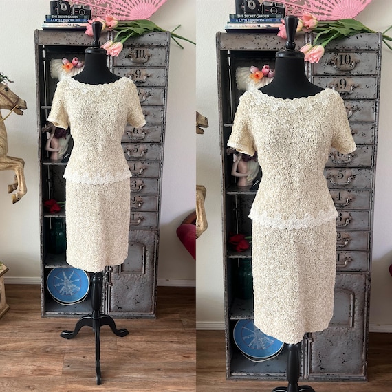 Vintage 1960's Caledonia Cream/Beige Colored Ribbon Dress Set S/M