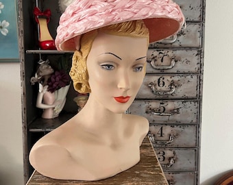 Vintage jaren 50 lichtroze strohoed in paddenstoelstijl, één maat