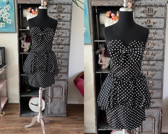 Vintage 1980's Black and White Polka Dot Mini Dress S/XS