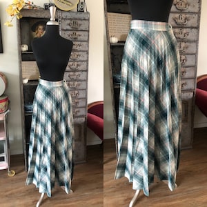 Vintage 1960's 70's Fritzi Green and White Plaid Maxi Skirt Small