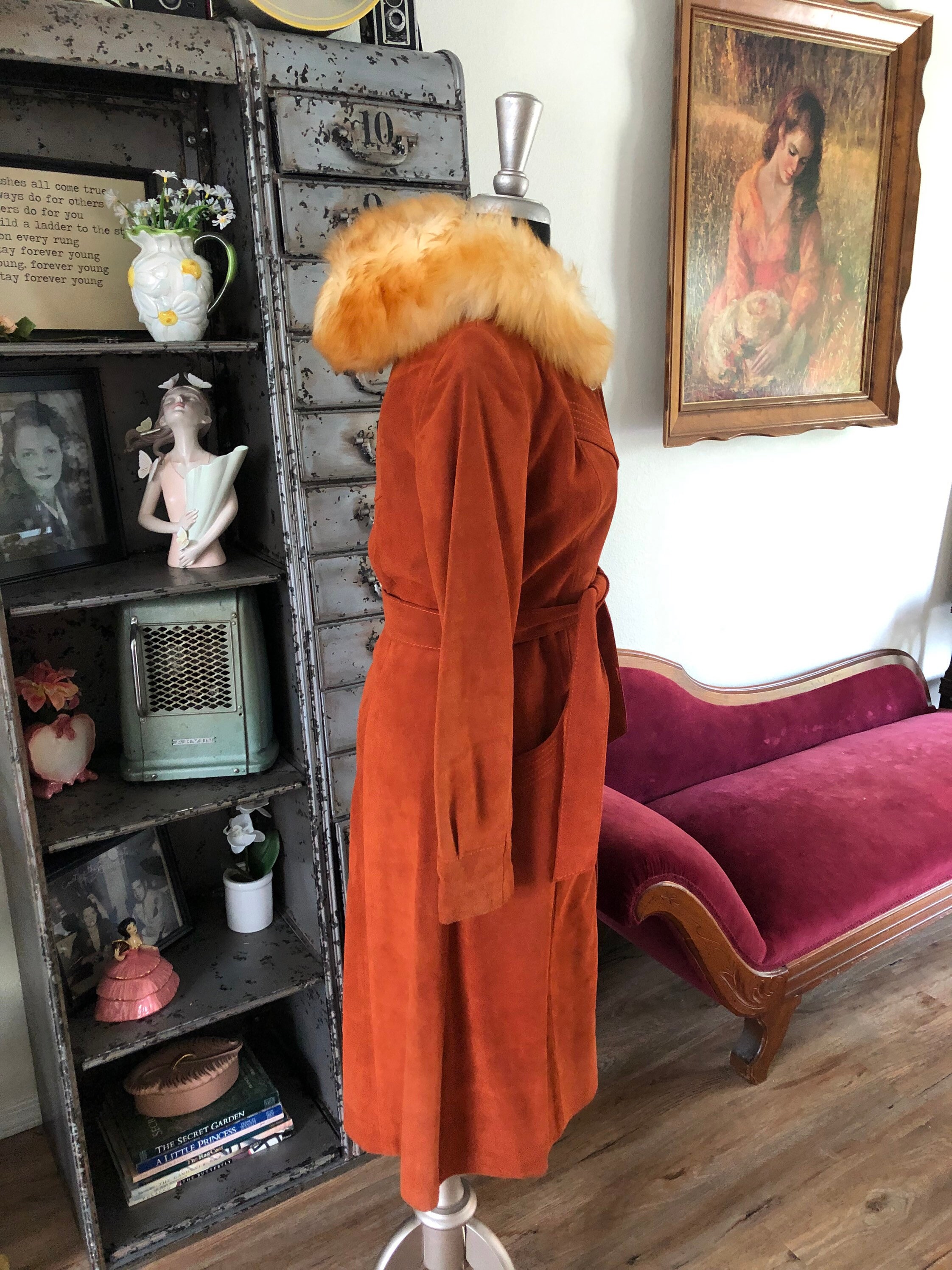 Vintage 1970's Burnt Orange Suede Leather Coat With