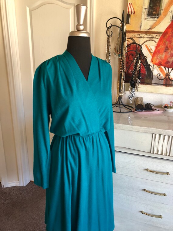 Vintage 1980's Green Jewel Tone Wool Dress Medium - image 4