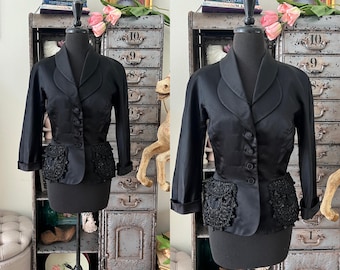 Vintage 1940's Black Blazer with Beaded Pockets Medium