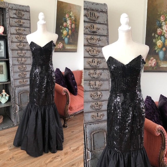 Vintage 1980's 90's Strapless Sequined Gown with M
