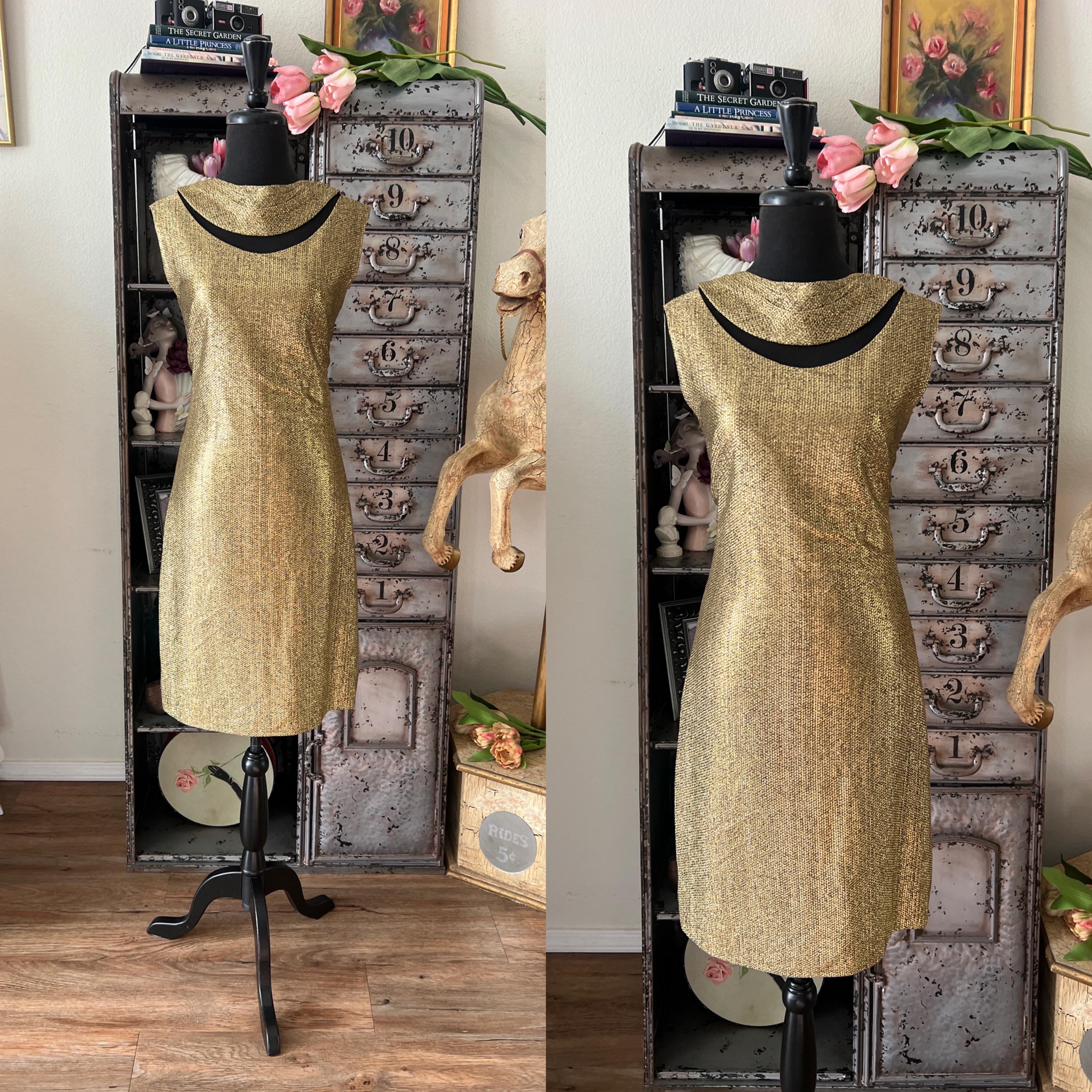 Vintage 1960's Alice Gold Metallic Dress With Neckline Cutout S/M