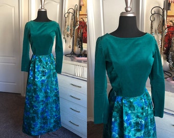 Vintage 1960's Green and Blue Velvet and Brocade Gown XS