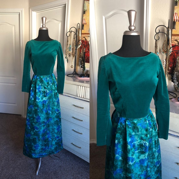 Vintage 1960's Green and Blue Velvet and Brocade … - image 1