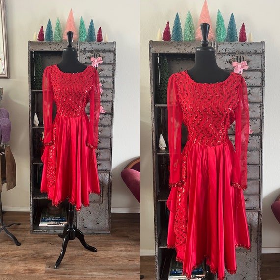 Vintage 1980's Red Satin and Sequin Dress Medium - image 1