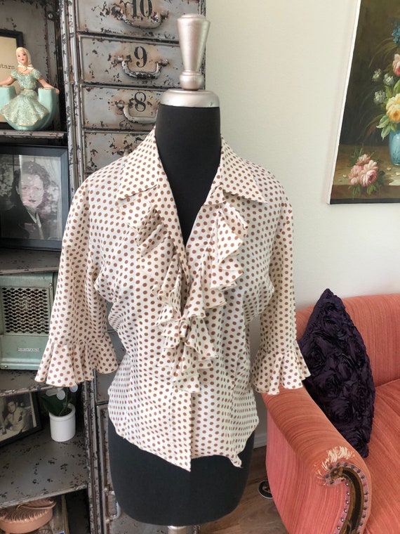 Vintage 1950's Cream and Brown Polka Dot Semi She… - image 4