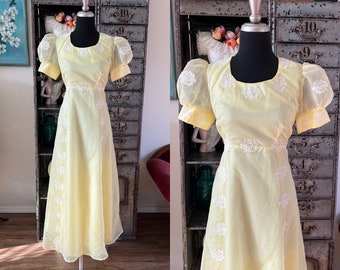 Vintage 1970's Pale Yellow Dress with Sheer Swiss Dot Overlay Medium