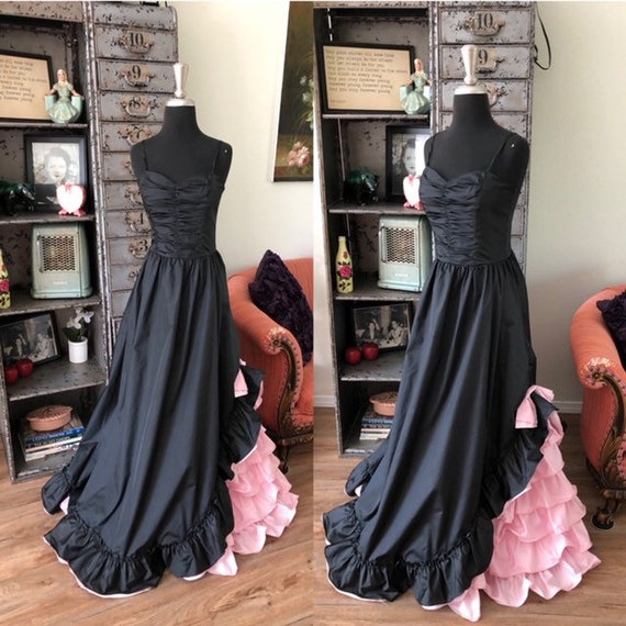 Vintage 1980's Black and Pink Ruffled Gown Medium