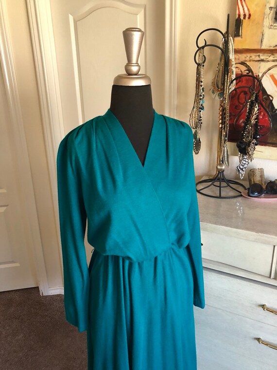 Vintage 1980's Green Jewel Tone Wool Dress Medium - image 6