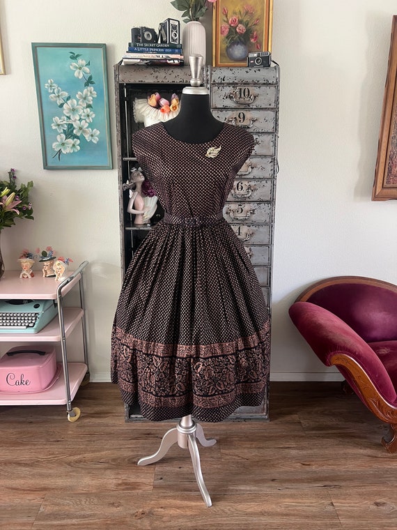 Vintage 1950's Black and Copper Cotton Dress with… - image 2