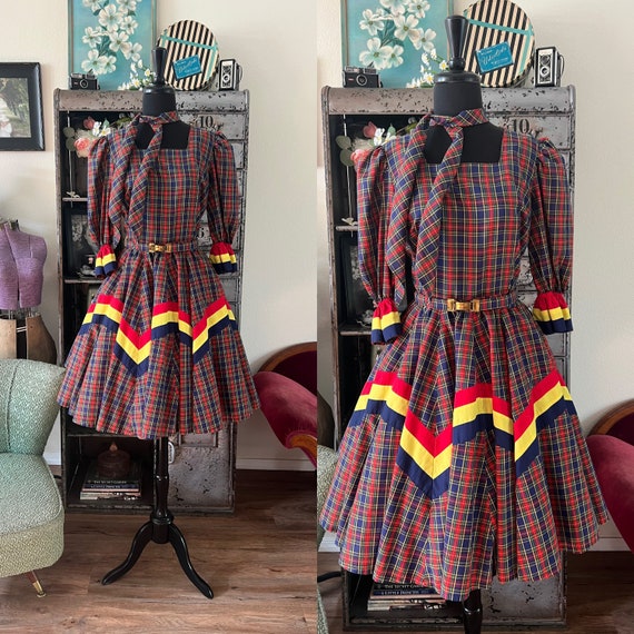 1970's 80's Red and Blue Plaid Square Dance Dress… - image 1