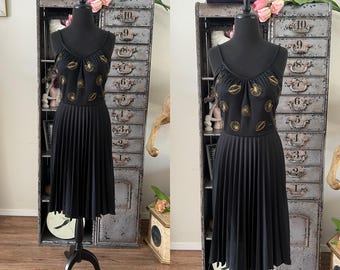 Vintage 1970's 80's Alfred Shaheen Black Sundress with Gold Leaf Print Small