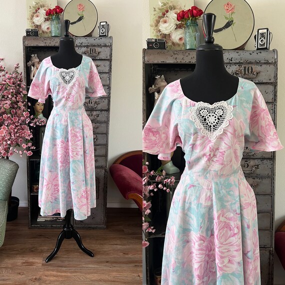 1980's 90's Pastel Floral Print Cotton Dress Large