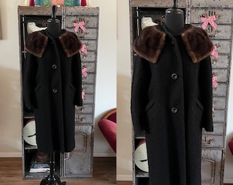 Vintage 1960's Black Nubby Wool Winter Coat with Mink Collar Medium