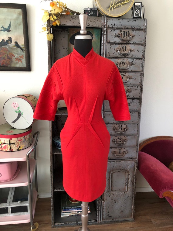 Vintage 1950's Marion McCoy Red Fitted Wool Dress… - image 6