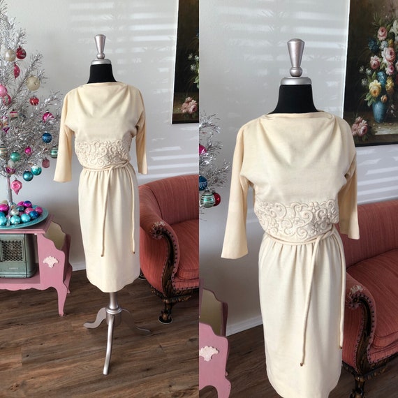 Vintage 1950's 60's Cream Wool Fitted Dress Small - image 1