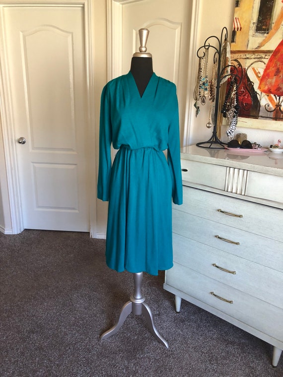 Vintage 1980's Green Jewel Tone Wool Dress Medium - image 8