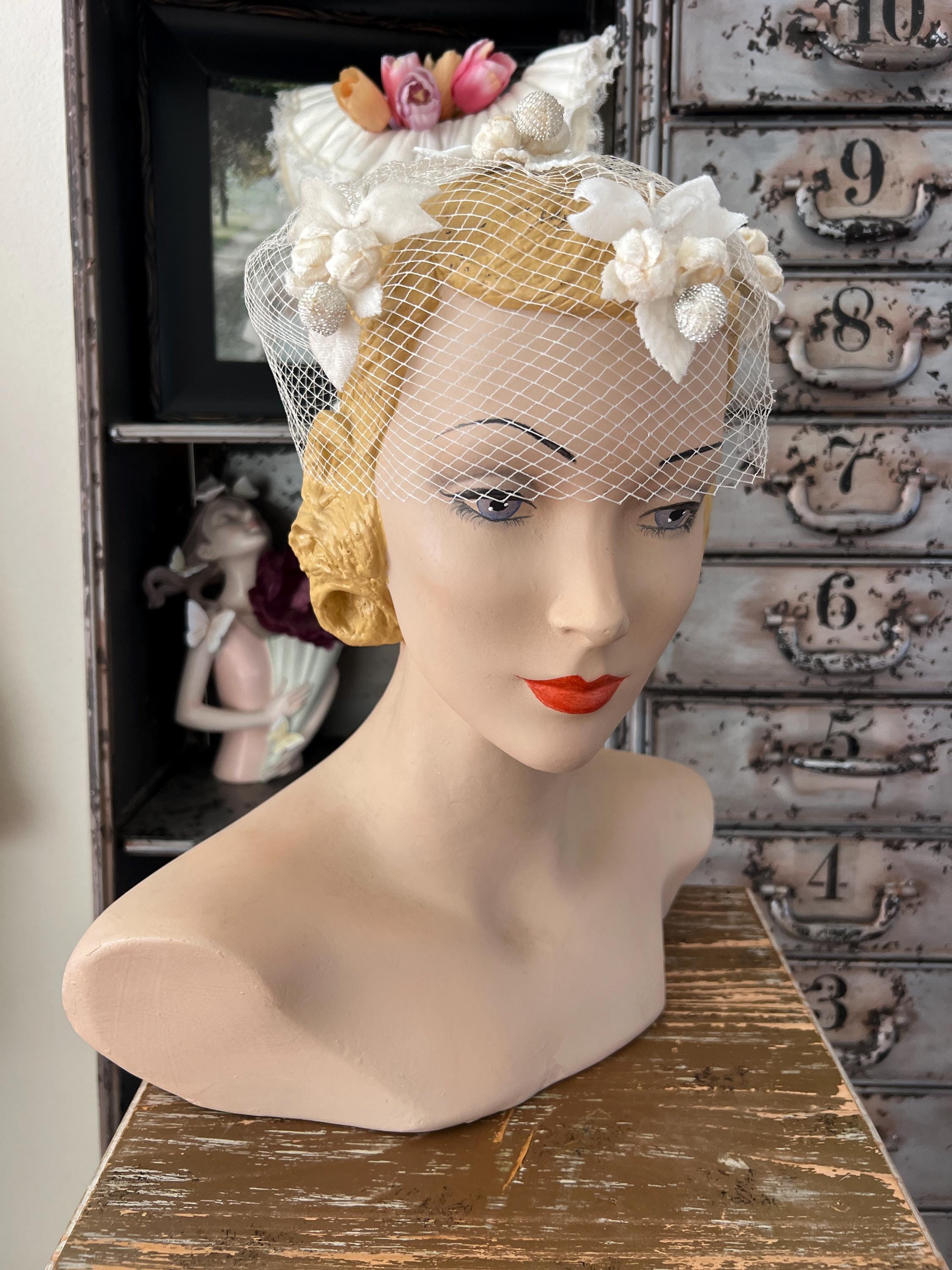 Vintage 1950\'s Lilac Woven Purple Heart Velvet Birdcage Veil Headpiece Hat 1950s Style Veil and Headpiece - Half Hat and Birdcage Veil  main image 2