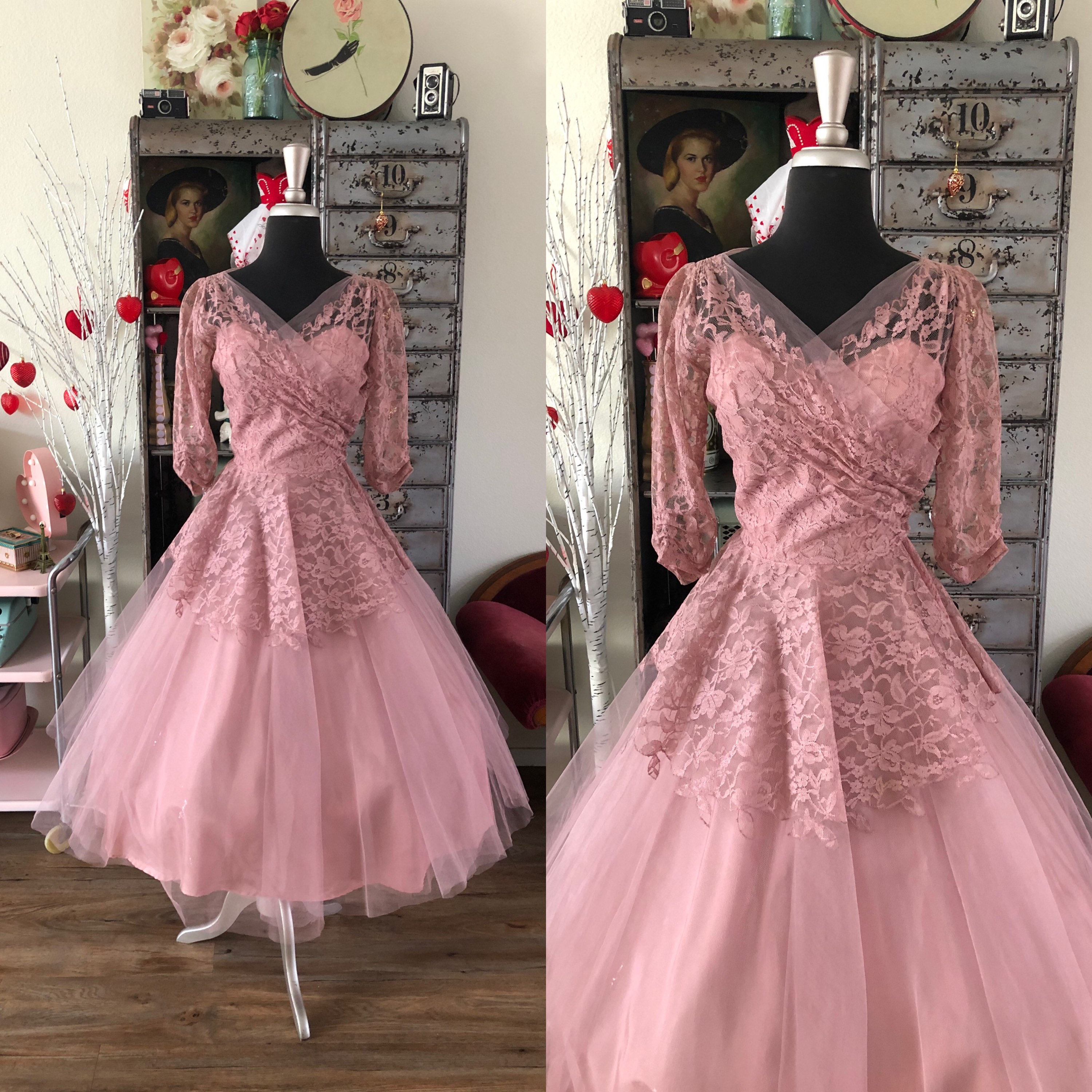 1950's Dusty Rose Cocktail Dress With Lace and Tulle XXS - Etsy Ireland