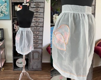 Vintage 1950's Sheer Light Blue Half Apron with Flocked Heart Pockets