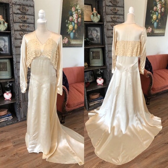 Vintage 1930's Silk Satin Wedding Dress M/L