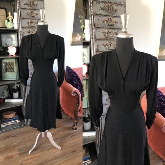 Vintage 1940's Black Rayon Dress XS