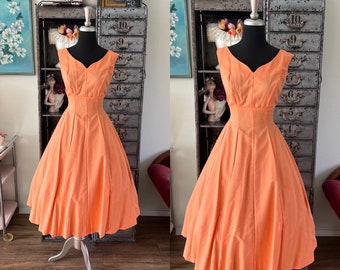 Vintage 1950's Orange Sherbet Cotton Dress Medium