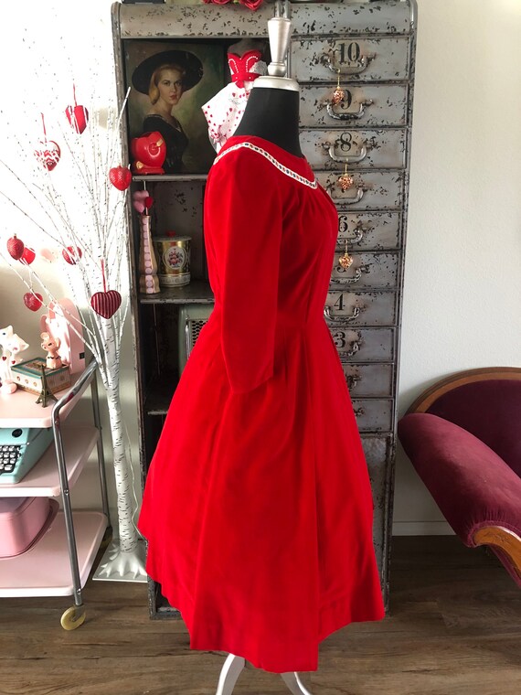 Vintage 1950's Cherry Red Velvet Cocktail Dress S… - image 3