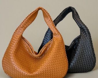 Woven Leather Shoulder Bag, Genuine Leather Handbag, Elegant Everyday Purse