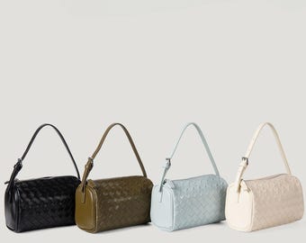 Woven Genuine Leather Handbags, Leather Shoulder Bags with Top Handle, Elegant Weaved Purses