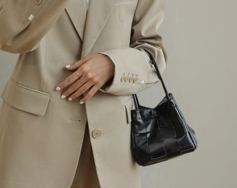 Bolso de hombro de cuero tejido a mano en varios colores, bolso pequeño de cuero tejido