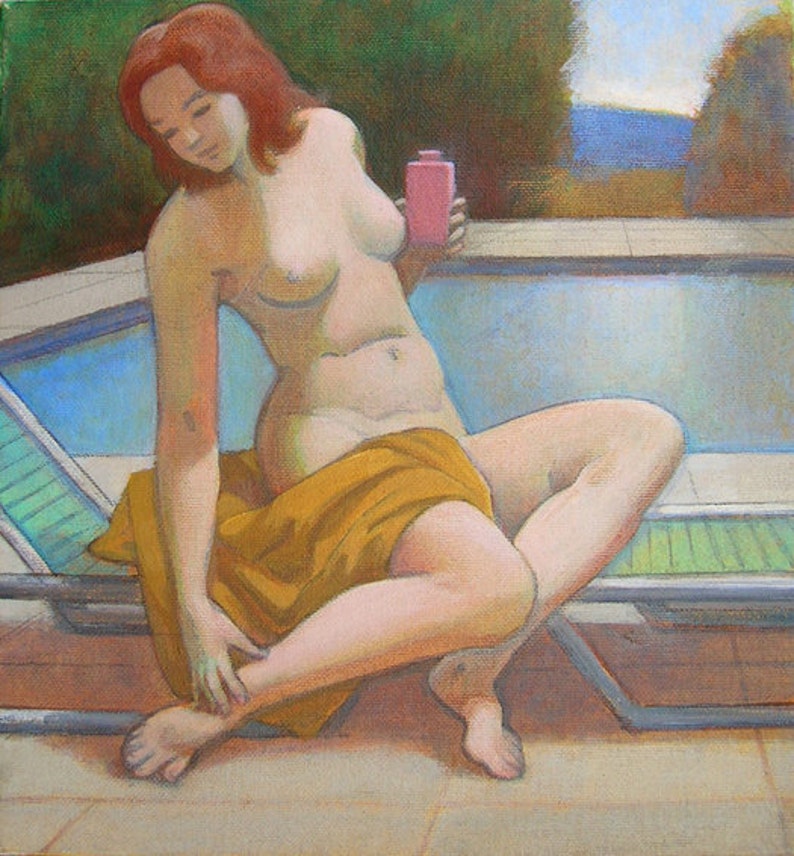 Nude At Pool Print, Nude Sunbathing, Seated Nude, Nude At Pool, Pool Painting, Nude With Towel, Acrylic Nude Print, Print Of Nude image 1