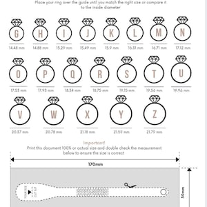 May include: Ring chart and sizer with ring size guide from G to Z, with corresponding millimeter measurements. Includes a ring sizer tool with a 170mm length and 50mm width. Text advises to print at 100% and double-check measurements.