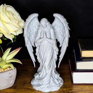 May include: A detailed, gray angel statue with outstretched wings and clasped hands. The angel is wearing a flowing gown and stands on a textured base. The statue is set against a dark background, with a white rose and books nearby.