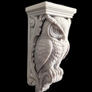 May include: A light gray wall corbel featuring a detailed owl sculpture integrated into the design. The owl is positioned in profile with textured feathers, perched atop a scrollwork base, topped by a flat rectangular shelf with molding.