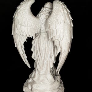 May include: A detailed, rear view of a white angel statue with large, textured wings. The angel is wearing a flowing gown and has long, wavy hair. The statue is set against a black background.
