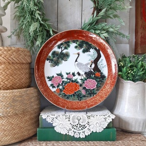 Vintage Japanese Handpainted Large Kutani Orange Pink and Gold Floral Crane Bird Plate