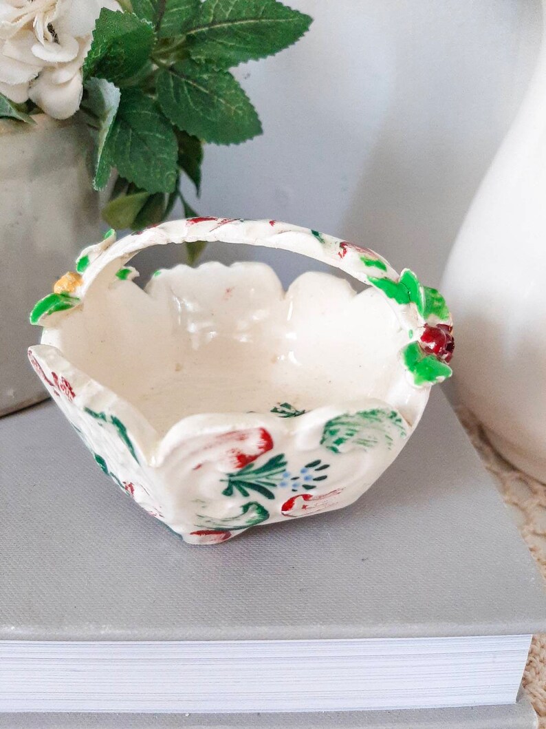 Vintage Hand Painted Small Italian Ceramic Floral Capodimonte Style Trinket Basket