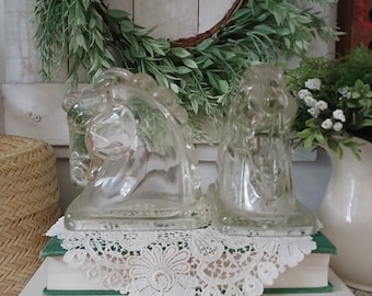 Vintage Clear glass Horse Head Bookends Set