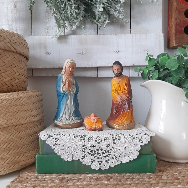 Vintage Colorful Aged Chalkware Joseph, Mary & Jesus Figurines - Set of 3