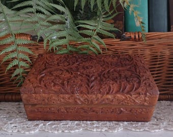 Vintage Carved Wood Floral Storage Box